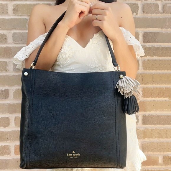 Kate Spade Palmer Driver Danika Hobo Tote Shoulder Bag Black Leather Tassel - Picture 2 of 4